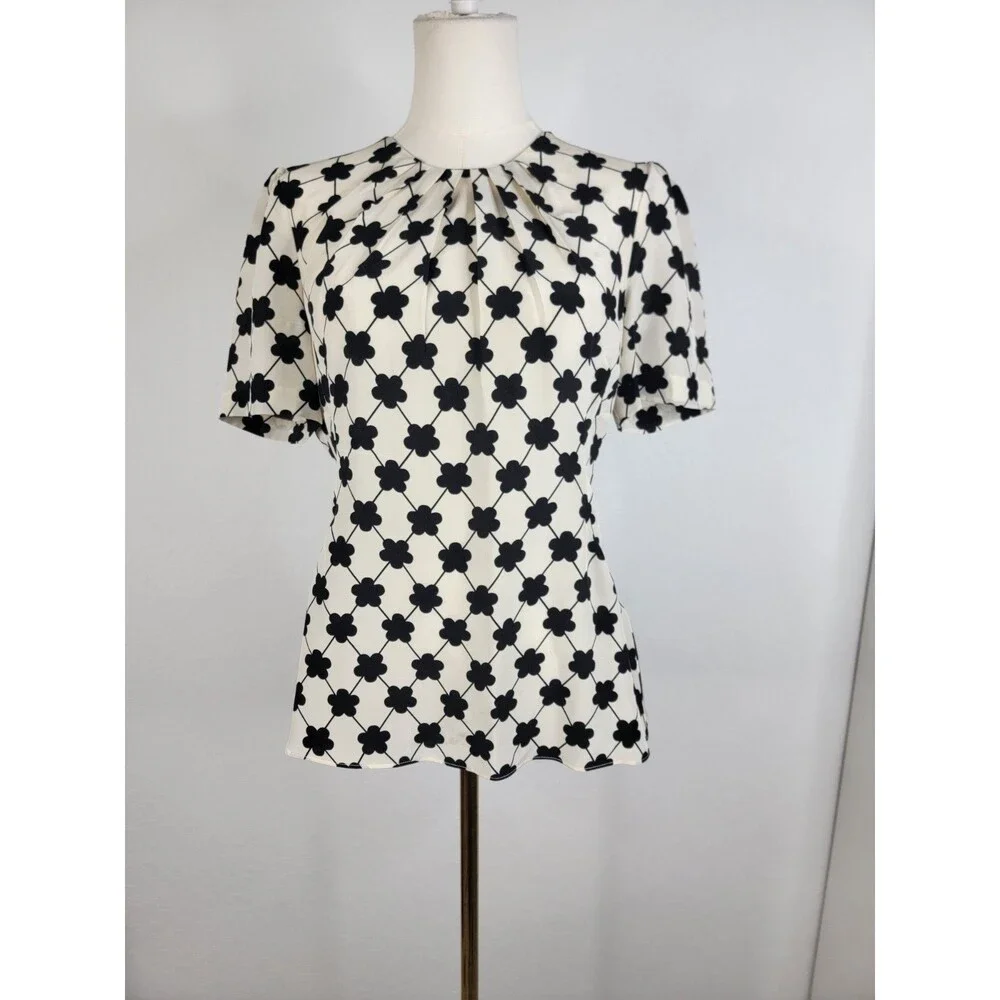 Kate Spade Silk Ivory and Black Blouse Size 8 Slight Peplum Business Casual